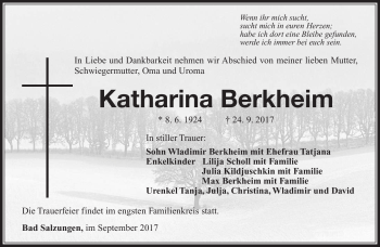 Traueranzeige von Katharina Berkheim von Südthüringer Presse