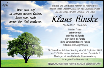 Traueranzeige von Klaus Hinske von Südthüringer Presse