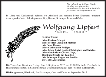 Traueranzeige von Wolfgang Lipfert von Südthüringer Presse
