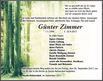 Traueranzeige von Günter Zimmer von Südthüringer Presse