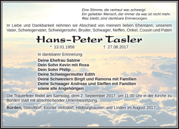 Traueranzeige von Hans-Peter Tasler von Südthüringer Presse