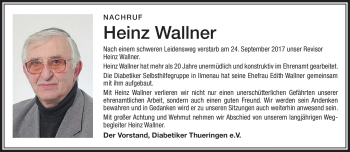 Traueranzeige von Heinz Wallner von Südthüringer Presse