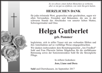 Traueranzeige von Helga Gutberlet von Südthüringer Presse