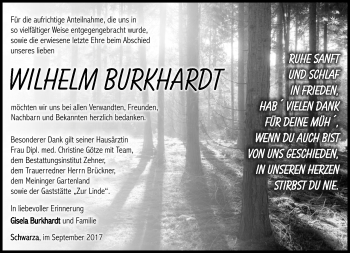 Traueranzeige von Wilhelm Burkhardt von Südthüringer Presse