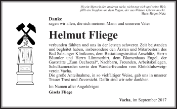 Traueranzeige von Helmut Fliege von Südthüringer Presse