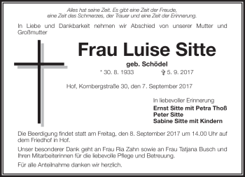 Traueranzeige von Luise Sitte von Frankenpost