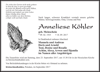Traueranzeige von Anneliese Köhler von Südthüringer Presse