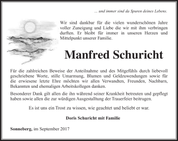 Traueranzeige von Manfred Schuricht von Südthüringer Presse