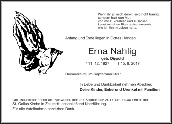Traueranzeige von Erna Nahlig von Frankenpost