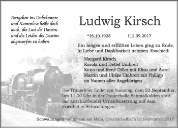 Traueranzeige von Ludwig Kirsch von Südthüringer Presse