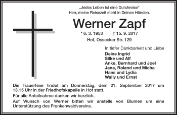 Traueranzeige von Werner Zapf von Frankenpost
