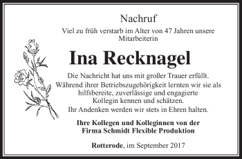 Traueranzeige von Ina Recknagel von Südthüringer Presse