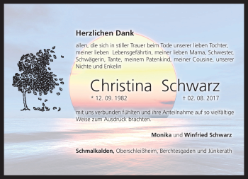 Traueranzeige von Christina Schwarz von Südthüringer Presse