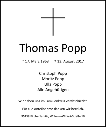 Traueranzeige von Thomas Popp von Frankenpost