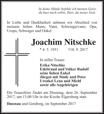 Traueranzeige von Joachim Nitschke von Südthüringer Presse