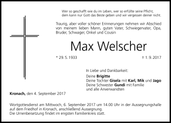 Traueranzeige von Max Welscher von Neue Presse Coburg