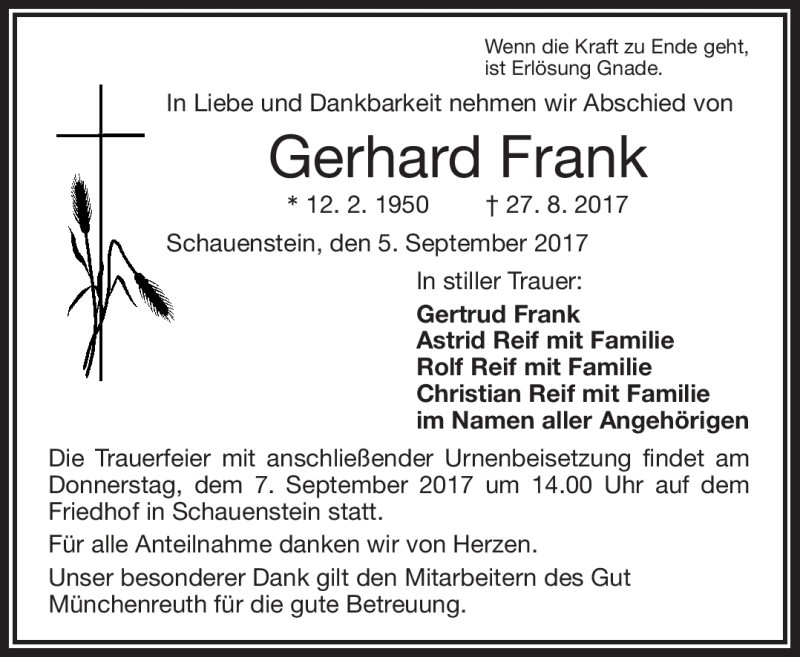  Traueranzeige für Gerhard Frank vom 05.09.2017 aus Frankenpost