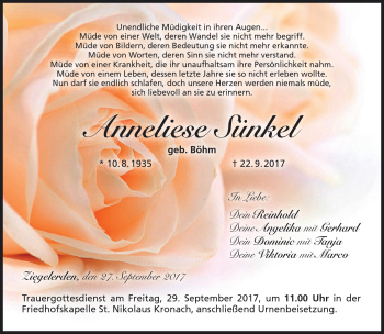 Traueranzeige von Anneliese Sünkel von Neue Presse Coburg