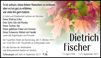 Traueranzeige von Dietrich Fischer von Südthüringer Presse