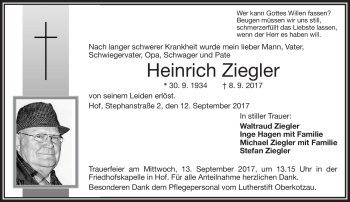 Traueranzeige von Heinrich Ziegler von Frankenpost