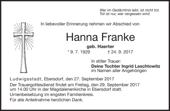 Traueranzeige von Hanna Franke von Neue Presse Coburg