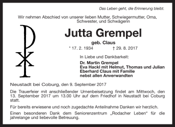 Traueranzeige von Jutta Grempel von Neue Presse Coburg