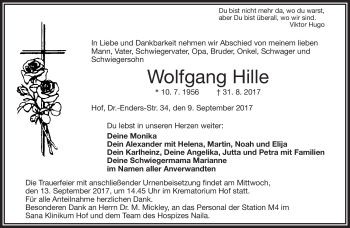 Traueranzeige von Wolfgang Hille von Frankenpost