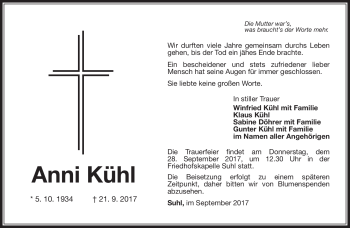 Traueranzeige von Anni Kühl von Südthüringer Presse