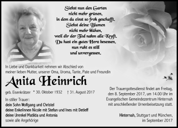 Traueranzeige von Anita Heinrich von Südthüringer Presse