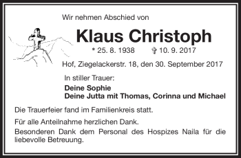 Traueranzeige von Klaus Christoph von Frankenpost