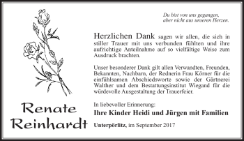 Traueranzeige von Renate Reinhardt von Südthüringer Presse
