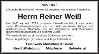 Traueranzeige von Reiner Weiß von Frankenpost