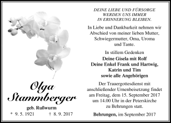 Traueranzeige von Olga Stammberger von Südthüringer Presse