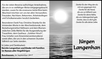 Traueranzeige von Jürgen Langenhan von Südthüringer Presse