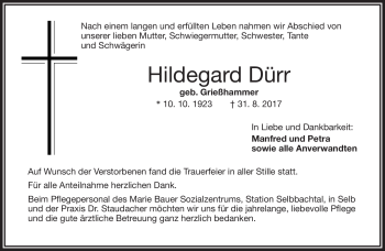 Traueranzeige von Hildegard Dürr von Frankenpost