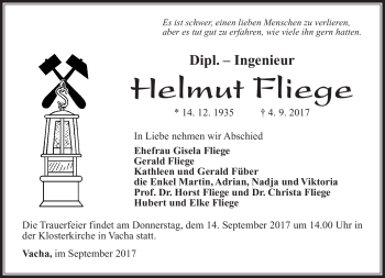 Traueranzeige von Helmut Fliege von Südthüringer Presse