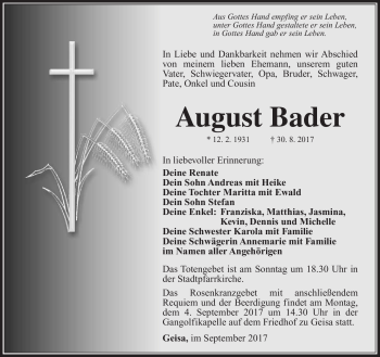 Traueranzeige von August Bader von Südthüringer Presse
