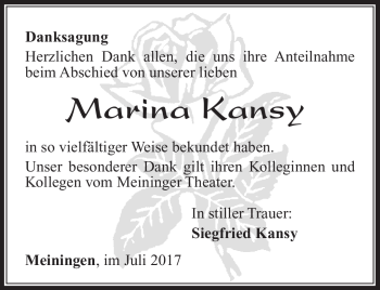 Traueranzeige von Marina Kansy von Südthüringer Presse