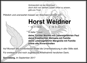 Traueranzeige von Horst Weidner von Südthüringer Presse