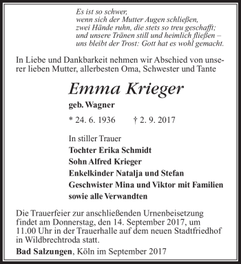 Traueranzeige von Emma Krieger von Südthüringer Presse