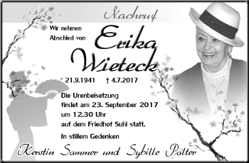 Traueranzeige von Erika Wieteck von Südthüringer Presse