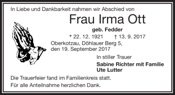 Traueranzeige von Irma Ott von Frankenpost