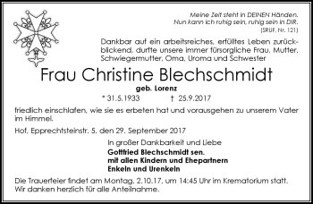Traueranzeige von Christine Blechschmidt von Frankenpost
