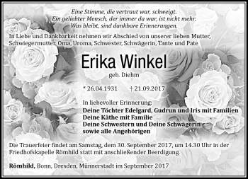 Traueranzeige von Erika Winkel von Südthüringer Presse