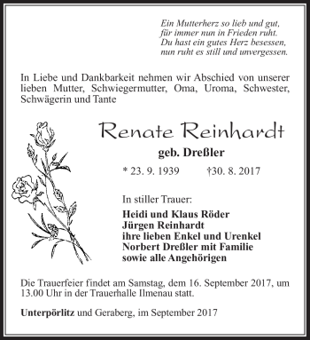 Traueranzeige von Renate Reinhardt von Südthüringer Presse