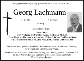 Traueranzeige von Georg Lachmann von Neue Presse Coburg