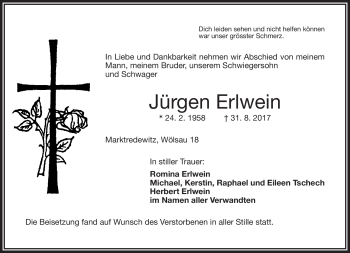 Traueranzeige von Jürgen Erlwein von Frankenpost