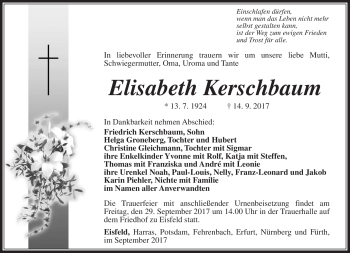 Traueranzeige von Elisabeth Kerschbaum von Südthüringer Presse