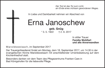 Traueranzeige von Erna Janoschweg von Neue Presse Coburg