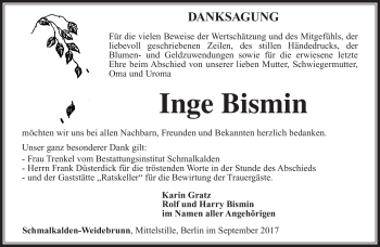 Traueranzeige von Inge Bismin von Südthüringer Presse